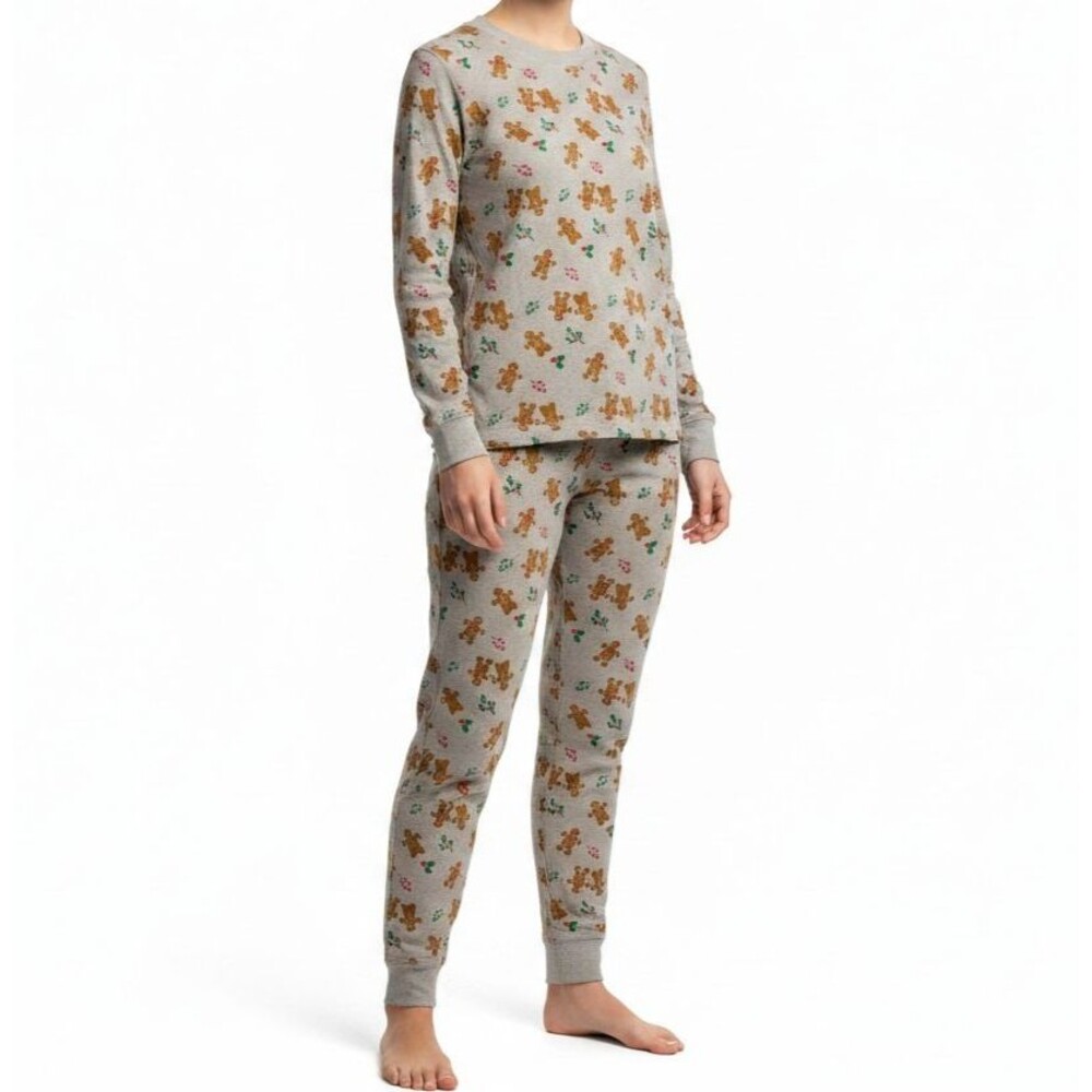 Pact Pajama Set Gingerbread Print Organic Cotton XS Tan Christmas Bottom Top PJ